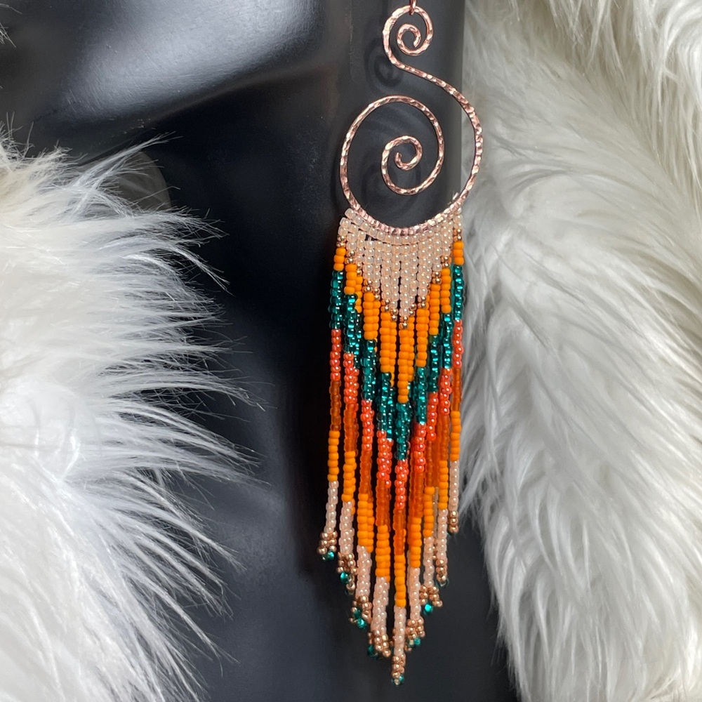 Hammered Copper Hoops With Long Orange Teal Glass Beaded Fringe Earrings - Picture 3 of 11